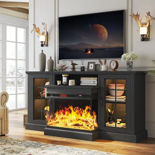oneinmil - Soporte de TV con chimenea de 59 pulgadas y vidrio en 3 lados para aparatos de hasta 65 pulgadas, centro de entretenimiento moderno con
