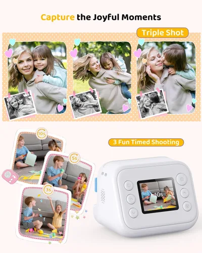 Miniatura 4 de Cámara de impresión instantánea en color para niños – Cámara para niños con 5 hojas de papel fotográfico de color, 48MP y video 1080P, 21 marcos