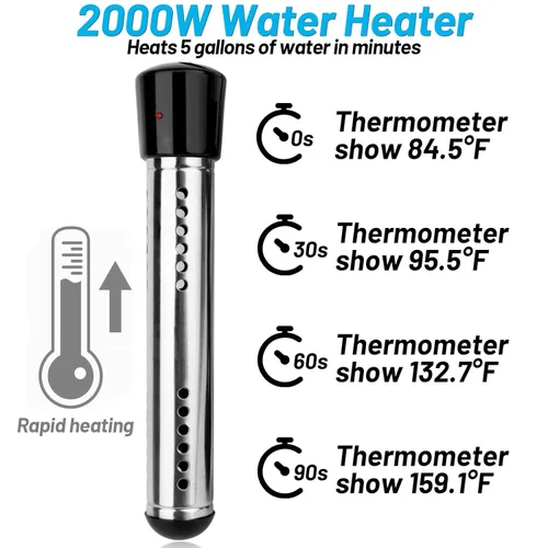 Miniatura 4 de Calentador de agua de inmersión de 2000W, calentador de agua eléctrico portátil con protección de 304 S S y termómetro LCD, calentador de balde