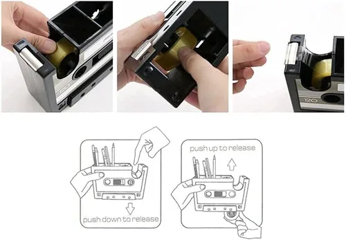 Miniatura 3 de Soporte de lápiz de cinta creativa, Dispensador de cinta de casete retro, Contenedor ordenado de escritorio de papelería, Organizador de suministros