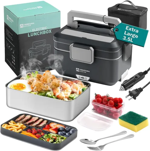 Miniatura 8 de Annie & Mia Design Fiambrera eléctrica para adultos, 100 W, 3.5 L, calentador de alimentos portátil de 2 capas, modo dual de 2.5 L + 1 litro
