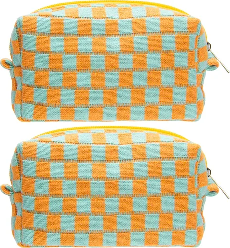 Miniatura 37 de PAZIMIIK Bolsa de Maquillaje a Cuadros para Bolso Portátil con Cremallera, Estuche Pequeño de Cosméticos para Accesorios de Viaje, Azul Ártico