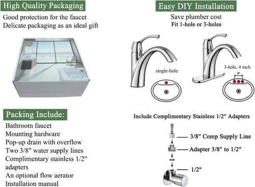 Miniatura 5 de Grifo de Baño Cromado TimeArrow, Grifo de Lavabo de Baño de Una Sola Manija para 1 Orificio con Placa de Cubierta de 3 Orificios, Grifos de Tocador