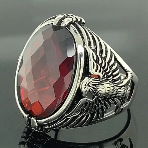 Miniatura 5 de Men Handmade Eagle Ring, Ruby Stone Ring, Silver Red Ruby Stone Ring, 925k Sterling Silver Ring, Handmade American Eagle Mens Ring
