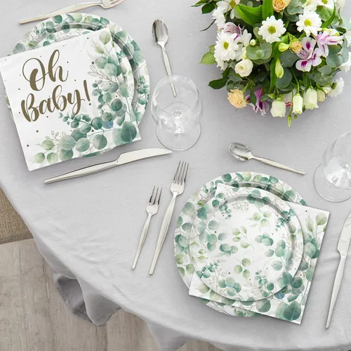 Miniatura 4 de Sage Greenery - Suministros de fiesta de baby shower, platos de papel desechables, servilletas, tazas y mantel para decoraciones de fiesta bohemia
