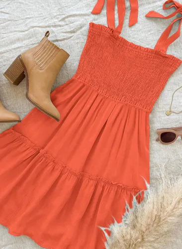 Miniatura 7 de MUXERI Women's Bohemian Solid Color Spaghetti Straps Shirred Square Neck Swing A Line Beach Mini Dress