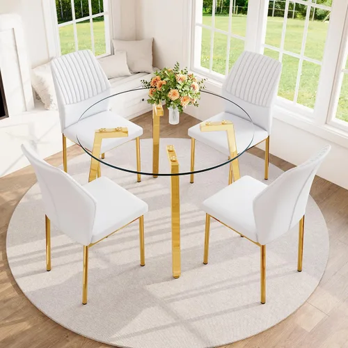Miniatura 17 de Juego de mesa de comedor de cristal para 4, mesa rectangular con 4 sillas de cocina de cuero gris, juego de comedor de cocina de 51 pulgadas, mesa 4