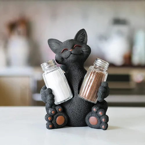 Miniatura 2 de Fantástico gato negro salero y pimentero - Bonita decoración de resina para encimera de cocina