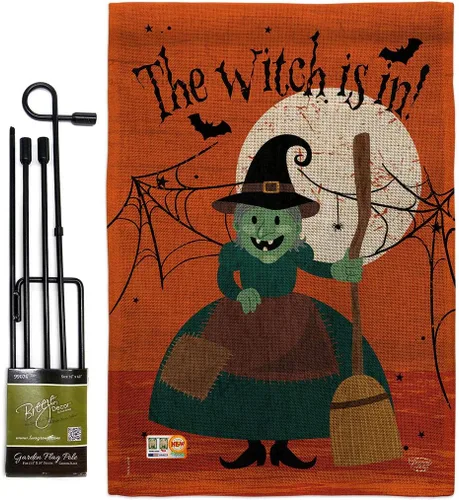 Juego de banderas de Halloween con estacas de jardín, cartel de arpillera para puerta, soporte de pared, tumba, porche, tapiz al aire libre, bruja
