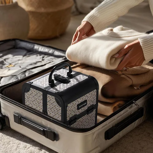 Miniatura 6 de BYOOTIQUE estuche rodante para maquillaje 4 en 1, con cerradura, maletín tipo trolley para cosméticos, con 4 ruedas extraíbles, organizador de viaje