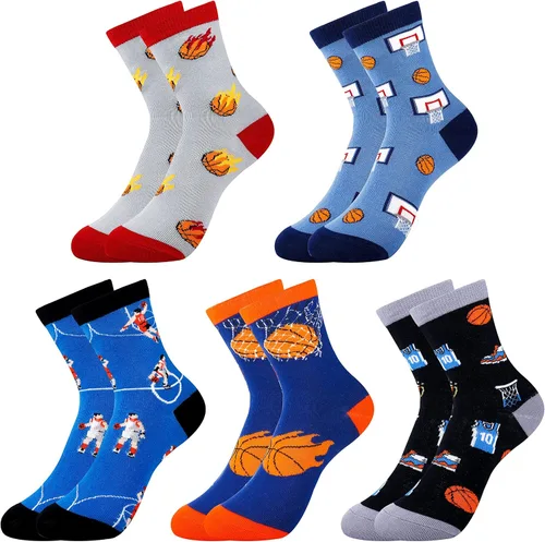 Belloxis Calcetines deportivos divertidos de 5 piezas, diseño multideportivo (baloncesto, béisbol, fútbol, hockey), calcetines deportivos para niños
