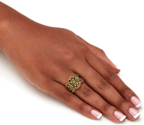 Miniatura 4 de PalmBeach - Anillo de 3 piedras de jade verde genuino chapado en oro amarillo antiguo con forma ovalada, tallas 5-10