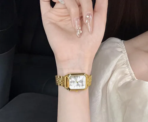 Miniatura 5 de FANMIS Juego de reloj de pulsera y brazalete para mujer en tono dorado, reloj de vestir casual simple con esfera cuadrada, correa sólida de acero