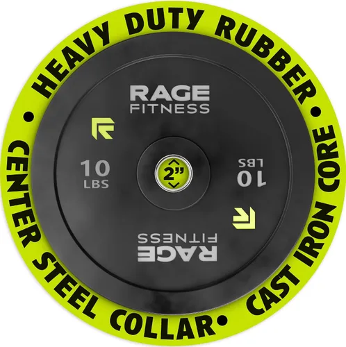 Rage Fitness Olympic Bumper Plates – Rubber-Coated Weight Plates with Steel Insert for Strength Training & Home or Commercial Gyms (10–45 lb, Sold