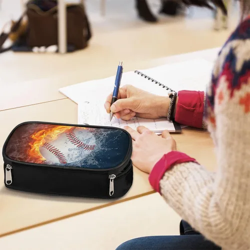 Miniatura 6 de Estuche de cuero blanco de béisbol 3D para lápices, organizador de papelería de gran capacidad, bolsa para lápices con agua y fuego para niños