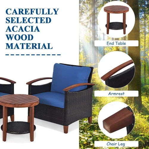 Miniatura 6 de Tangkula Juego de muebles de patio de 3 piezas, sofá y mesa auxiliar de ratán para exteriores con marco de madera de acacia maciza, juego de bistró