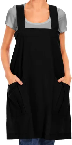 Miniatura 2 de Larmliss Delantal de algodón con espalda cruzada para mujer, con bolsillos grandes, delantal cuadrado suelto para hornear, cocinar, jardinería Negro