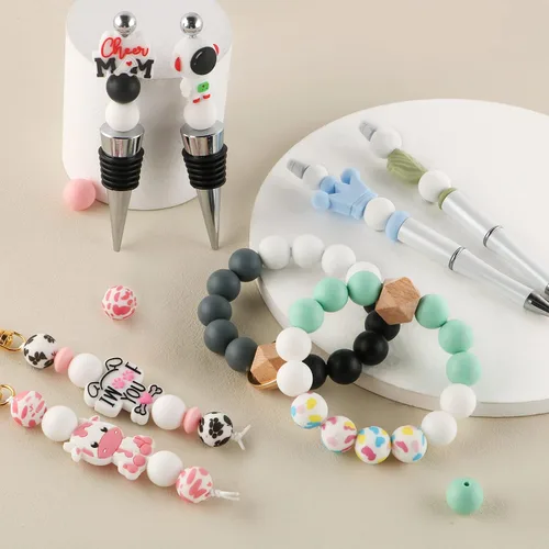 Miniatura 4 de Sunrony 70 cuentas de silicona para hacer collares, cuentas redondas de silicona a granel de 0.591 in para bolígrafos (blanco)