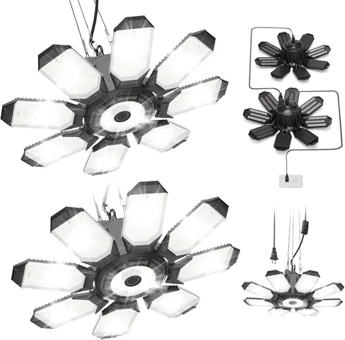 Miniatura 9 de TANBABY Luz LED mejorada para garaje, luz de techo LED deformable de 150 W, 15000 lm, E26/E27, iluminación de garaje con bombilla de 6+1 paneles