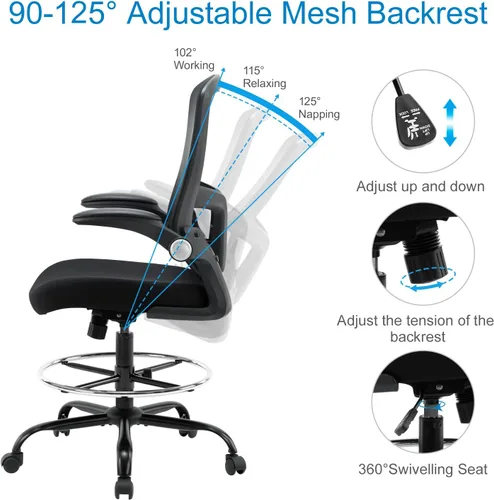 Miniatura 8 de Silla de dibujo, silla de oficina alta, silla de escritorio ergonómica de pie con reposabrazos abatibles, silla de trabajo de computadora de altura