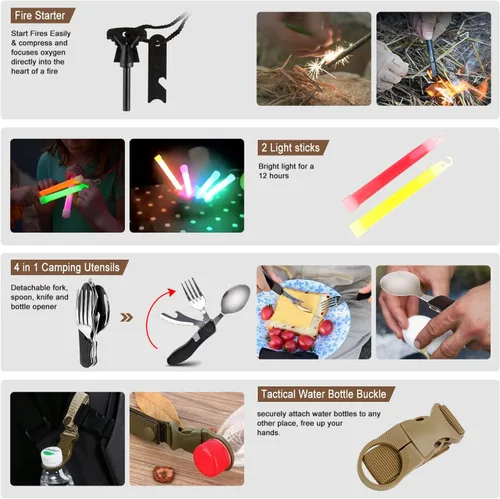 Miniatura 6 de Kit de supervivencia de emergencia de 238 piezas y kit de primeros auxilios, herramienta de equipo de supervivencia profesional con bolsa táctica