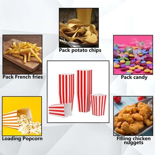 Miniatura 7 de 24 cajas de palomitas de maíz, mini caja de papel para palomitas de maíz, contenedor de cartón para palomitas de maíz para fiestas, rayas blancas
