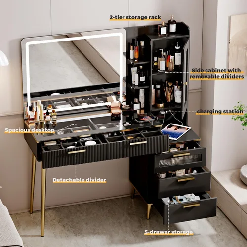 Miniatura 2 de Arulvmrn Escritorio grande y moderno de 47.24 pulgadas con espejo y luces, escritorio de tocador con espejo iluminado HD de 29.53 pulgadas, tocador