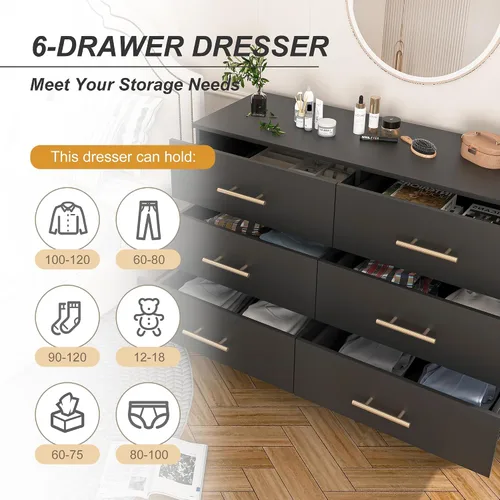Miniatura 7 de Spaco Cómoda negra para dormitorio, cómoda moderna y grande de 6 cajones con asa dorada, cómoda de almacenamiento, mueble de madera para TV, mueble