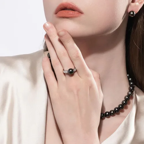Miniatura 5 de Anillo de perlas negras de Tahití de calidad AAA, perla cultivada natural del mar del sur, 0.36 cttw moissanita, anillos de plata esterlina S925
