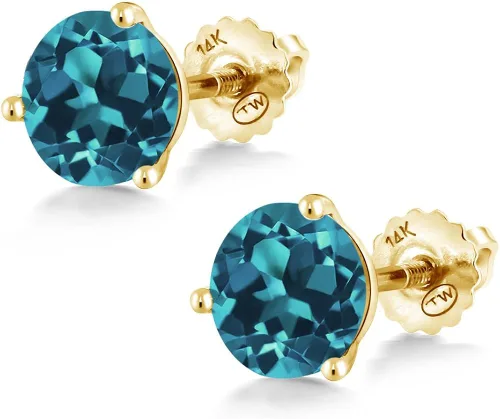 Miniatura 3 de Gem Stone King Aretes de tuerca de oro amarillo de 14 quilates, topacio azul Londres de 3 puntas, Martini con parte trasera para mujer