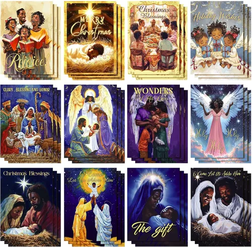 Miniatura 7 de Cholemy Juego de 36 tarjetas de Navidad afroamericanas negras con sobres, tarjetas de felicitación de Navidad africanas, tradicionales, religiosas