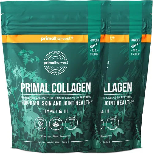 Primal Harvest Polvo de Colágeno para Mujeres u Hombres Primal Harvest Péptidos de Colágeno en Polvo Tipo I y III, 10 Oz Polvo de Proteína de