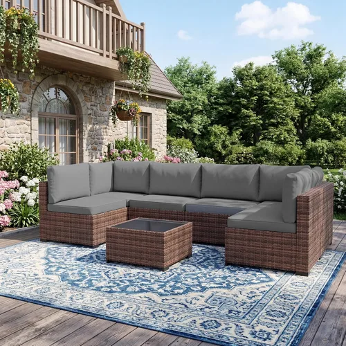 Miniatura 17 de LHBcraft Juego de muebles de patio de 7 piezas, seccionales para exteriores, tejido manual para todo tipo de clima, sofá seccional de mimbre de Ye-bk