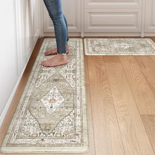 Miniatura 19 de Collive Alfombras y Tapetes Boho para Cocina 2 PIEZAS Alfombra Antifatiga Acolchada, Juego de 2 Alfombras de Cocina Impermeables Antideslizantes