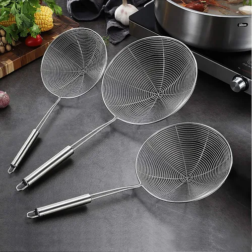 Miniatura 7 de Colador de araña de acero inoxidable, cuchara de alambre con mango largo/malla en espiral para cocina, cocina y freír alimentos (5.3 pulgadas)
