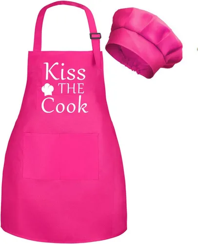 Juego de delantal y sombrero de chef con bolsillos, delantal infantil para niños y niñas, para cocinar, cocina, delantales ajustables Rosa