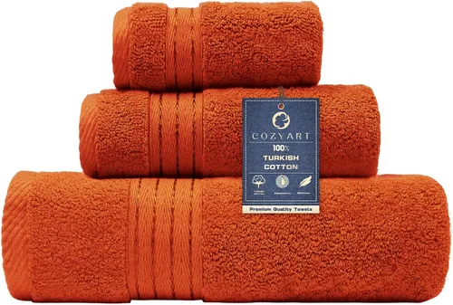 COZYART - Juego de 3 toallas de baño de algodón, color naranja quemado, grandes y gruesas, 19.17 oz/yd², incluye 1 toalla de baño, 1 toalla de mano