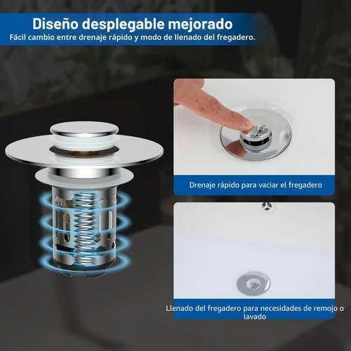 Miniatura 6 de Hibbent Colador de drenaje de lavabo de baño 3 en 1 mejorado, tapón universal desplegable con cesta de filtro de acero inoxidable extraíble atrapa