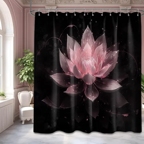 Miniatura 34 de Cortina de ducha con flores de loto negro y azul para decoración de baño, juego de cortinas decorativas de baño con estampado floral, tela