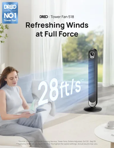 Miniatura 2 de DREO Ventilador de torre para dormitorio, 28 pies/s, ventilador oscilante silencioso sin aspas de 20 dB con control remoto, 9 velocidades, 4 modos