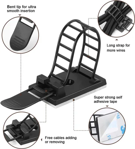 Miniatura 3 de Clips adhesivos para organizar cables, 50 piezas ajustables de nailon para correas de cables, clips de alambre organizador con cinta adhesiva Negro