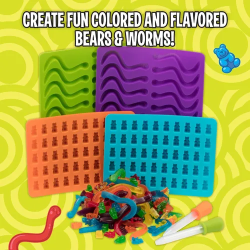 Miniatura 5 de Moldes de silicona para caramelos de oso y gusano, paquete de 4 moldes de chocolate sin BPA con 2 goteros, bandejas de hornear flexibles Oso de goma