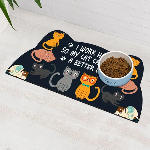 Miniatura 8 de Tapete de comida para gatos de interior – Sin manchas fácil de limpiar suministros para mascotas – Cuencos para gatos