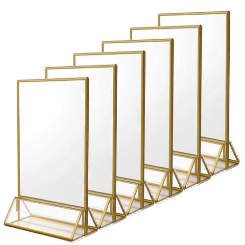 Miniatura 9 de NIUBEE Paquete de 6 soportes de acrílico transparente de 4 x 6 con bordes dorados y soporte vertical, soportes de menú de mesa de doble cara marcos