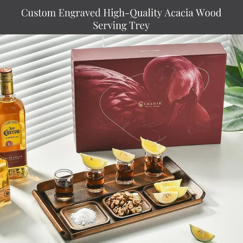 Miniatura 8 de Juego de bandejas de vuelo de tequila de madera rústica, tabla de degustación con 4 vasos de chupito y posavasos, muestra de cóctel para fiestas