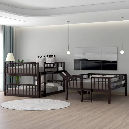 Miniatura 4 de Harper & Bright Designs Literas triples con tobogán, 3 literas de tamaño matrimonial sobre cama matrimonial sobre cama matrimonial, cama triple