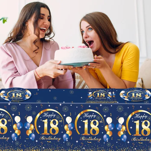 Miniatura 7 de Juego de 41 piezas de decoraciones de cumpleaños número 18 para él, temática azul y dorada, regalos de cumpleaños de 18 años, platos, servilletas