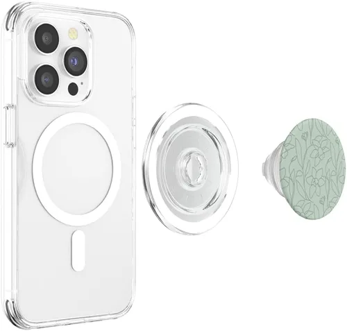 Miniatura 3 de Poppy Flower Line Art Modern Leaves Boho Sage Green PopSockets MagSafe PopGrip para iPhone