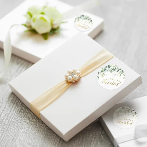 Miniatura 8 de Mobiusea Creation Greenery - Calcomanías de invitación de boda 1.4 pulgadas Lámina dorada 108 calcomanías impermeables para sobres