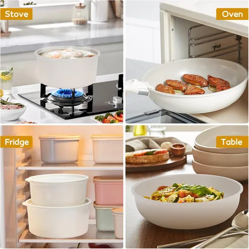 Miniatura 8 de Juego de 20 ollas y sartenes de cerámica antiadherentes, juego de utensilios de cocina con asas desmontables, apto para horno, listo para inducción
